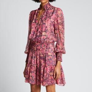 A.L.C. Dress Silvie Dress Pink Floral Silk Blend Smocked Waist Ruffle Hem Size 2